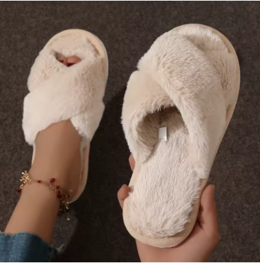 Women's Open-Toe Cross Strap Fluffy Fur Slippers Lightweight Flat Slides