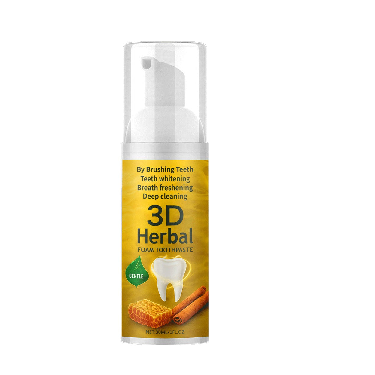 A bottle of 3D Herbal Foam Toothpaste on a plain white background. The bottle has a clear cap and a yellow label with black text and illustrations of a tooth, honeycomb, and cinnamon.