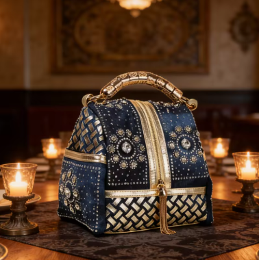 Denim Shoulder Bag with Diamond Tassels 7.9x5.9x5.9in