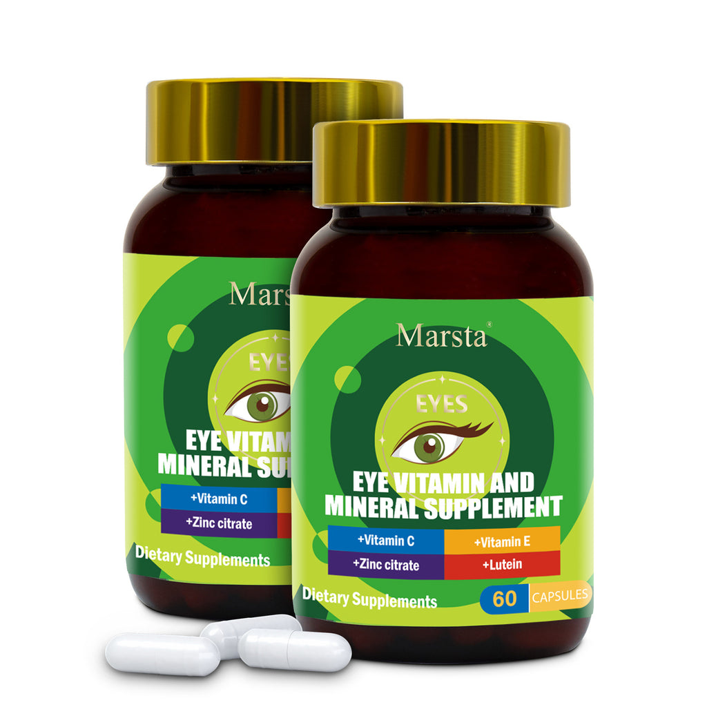 Two bottles of Marsta Eye Vitamin and Mineral Supplement on a white background