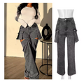 Straight Denim Pants High-Waisted Hollow Out Distressed Women
