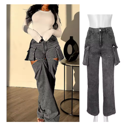 Straight Denim Pants High-Waisted Hollow Out Distressed Women