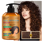 GSWP Curl Defining Cream 7-in-1 care cream in an amber pump bottle, shown next to a model with defined curly brown hair and a before/after hair texture inset.
