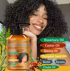 A bottle of GSWP Curl Defining Cream hair care product shown in front of a smiling woman with voluminous curly hair. The bottle is amber-colored with a black pump and features text including Rosemary Oil, Castor Oil, Batana Oil, Pumpkin Seed Oil, Biotin, Keratin, and Chebe Oil.