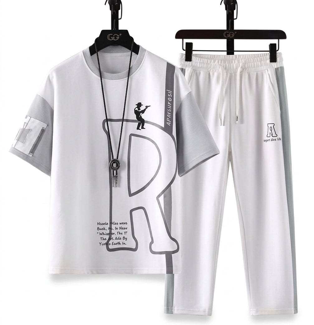 Men's Casual Printed Short Sleeve T-Shirt and Shorts Two Piece Set