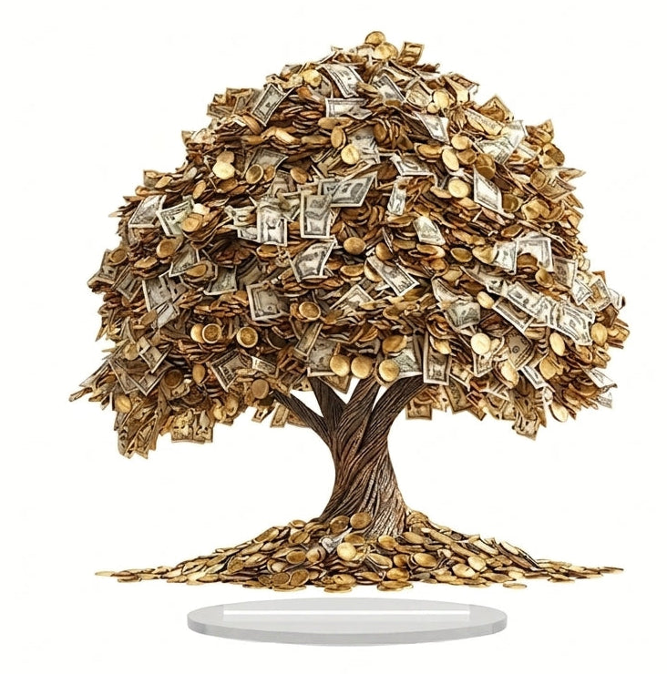 A decorative sculpture of a tree made from gold coins and dollar bills, displayed on a white background with a small vertical scale and oval reference graphic to the left.