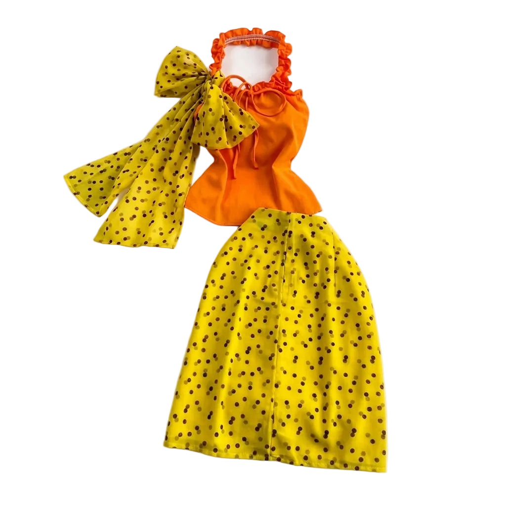 Women's Polka Dot Bow Halter Top Midi Skirt Set