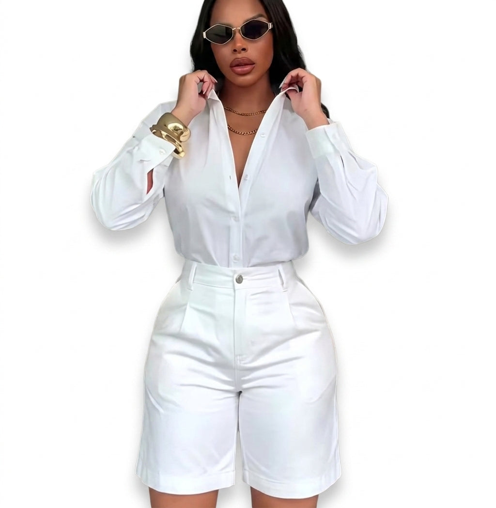 Women's Casual Long Sleeve Shirt and Shorts Two Piece Matching Set