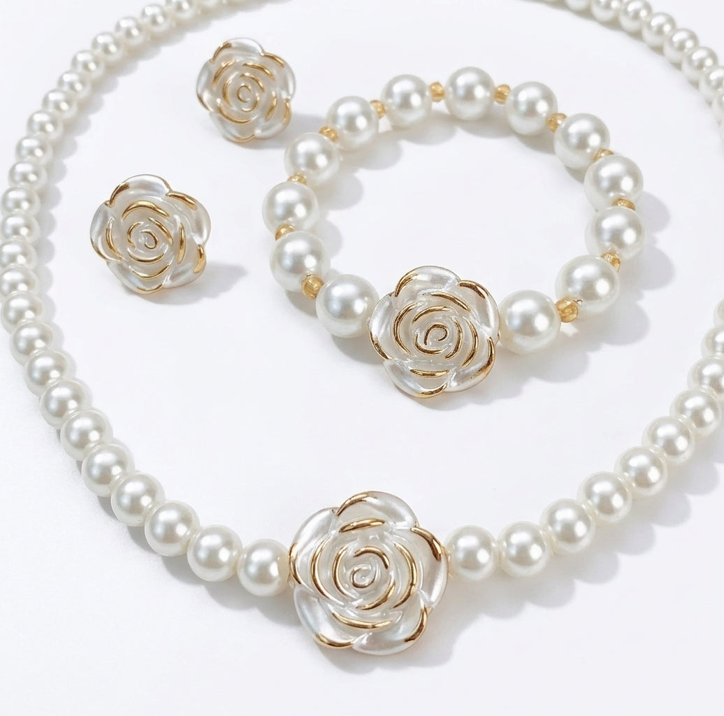 Women's Fashion Elegant Flower Pearl Necklace Earrings Bracelet Jewelry Set