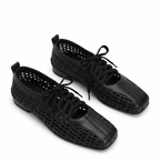 Women's Square Toe Mesh Ballet Flats Lace-Up Casual Sneakers