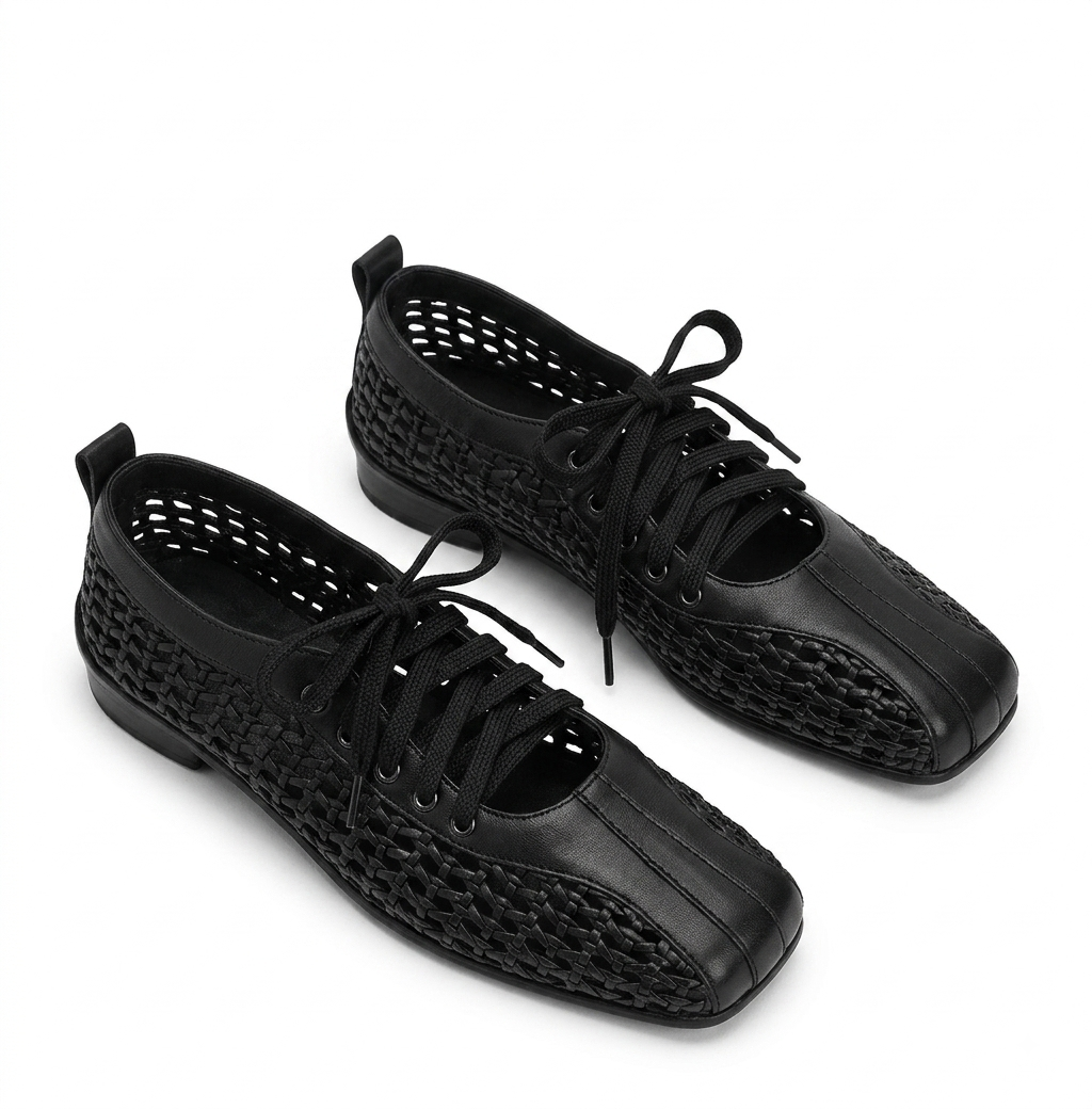 Women's Square Toe Mesh Ballet Flats Lace-Up Casual Sneakers