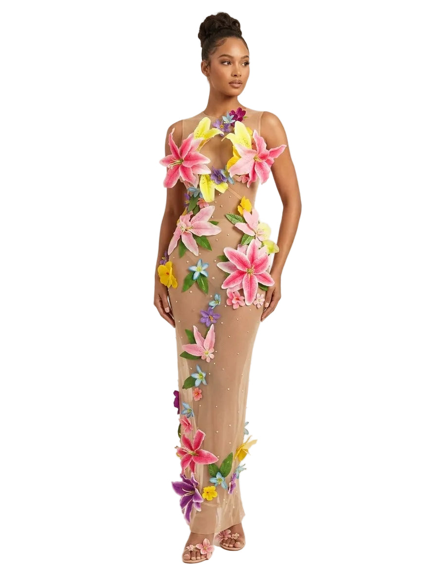 Women's Sexy Floral Rhinestone Mesh Backless Maxi Dress
