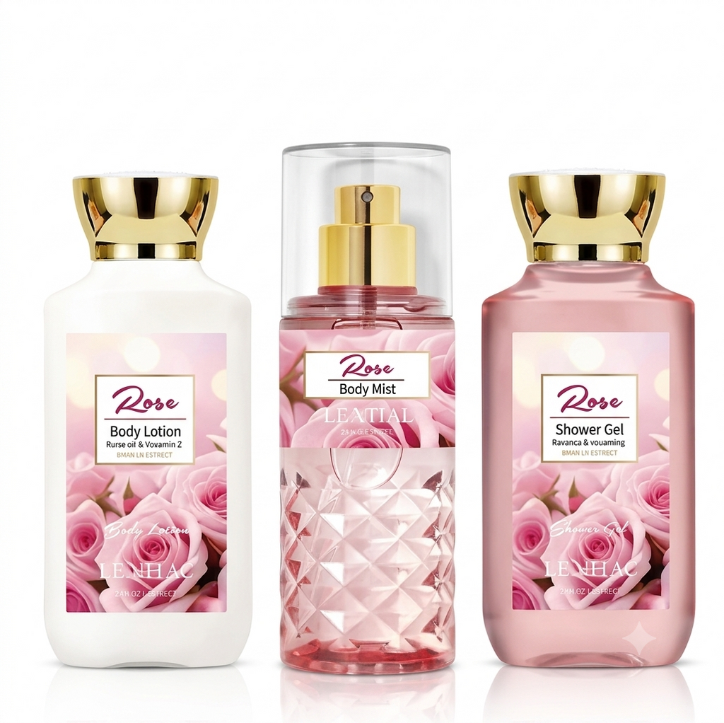 Three Rose Body & Scents products shown together on a white background: a white bottle of Body Lotion, a clear bottle of Body Mist with pink liquid and gold cap, and a pink bottle of Shower Gel with gold cap. Each bottle has a pink rose label and the brand name 'Rose' is visible.