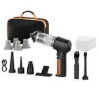 A handheld vacuum cleaner set displayed on white shelves, featuring a black and wood-grain handheld unit, multiple black attachment nozzles, gray dust cups, a black carrying case with orange trim, and a white box, all on a clean white background.