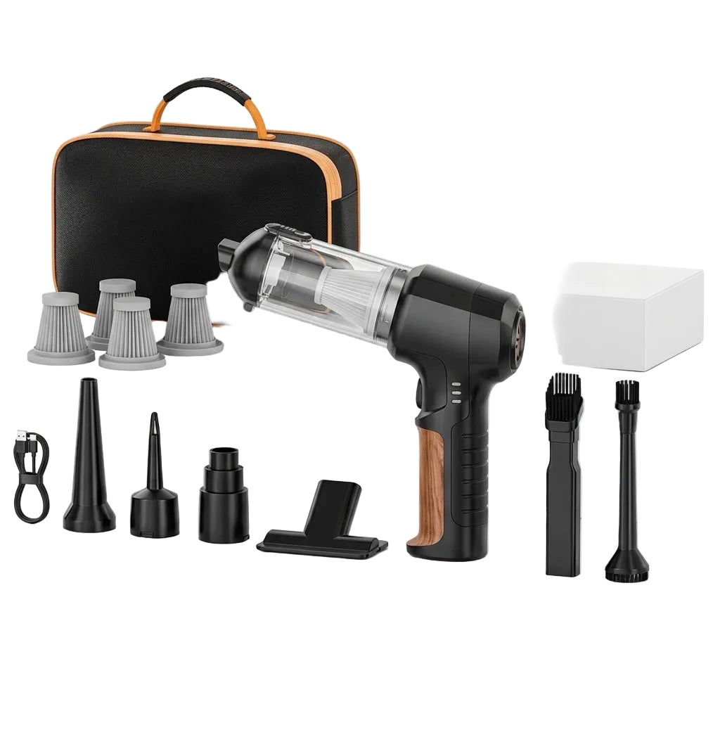 A handheld vacuum cleaner set displayed on white shelves, featuring a black and wood-grain handheld unit, multiple black attachment nozzles, gray dust cups, a black carrying case with orange trim, and a white box, all on a clean white background.