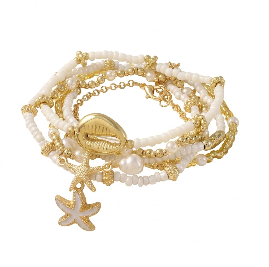 Women's Fashion Bohemian Shell Starfish Stacked Pearl Bead Bracelet Set