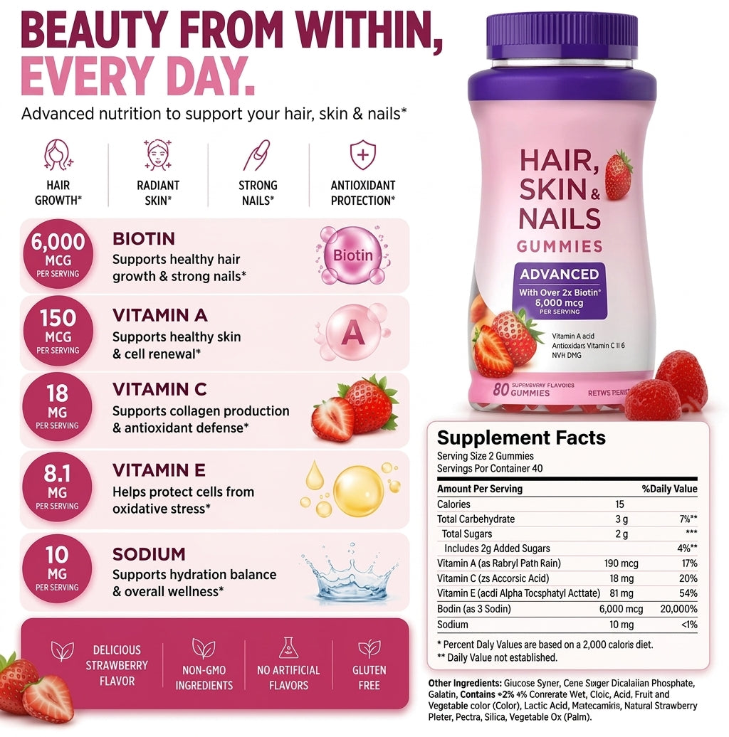 A product infographic for Hair, Skin & Nails Gummies. The left side features a pink panel detailing the benefits of various vitamins (Biotin, Vitamin A, C, E, and Sodium) with illustrations of strawberries and gold droplets.