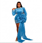 Women's Sexy Crystal Beaded High Neck Pleated Evening Dress