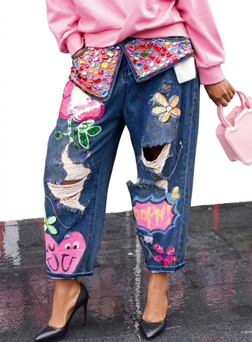 Women's Floral Embroidery Beaded High Waist Loose Jeans