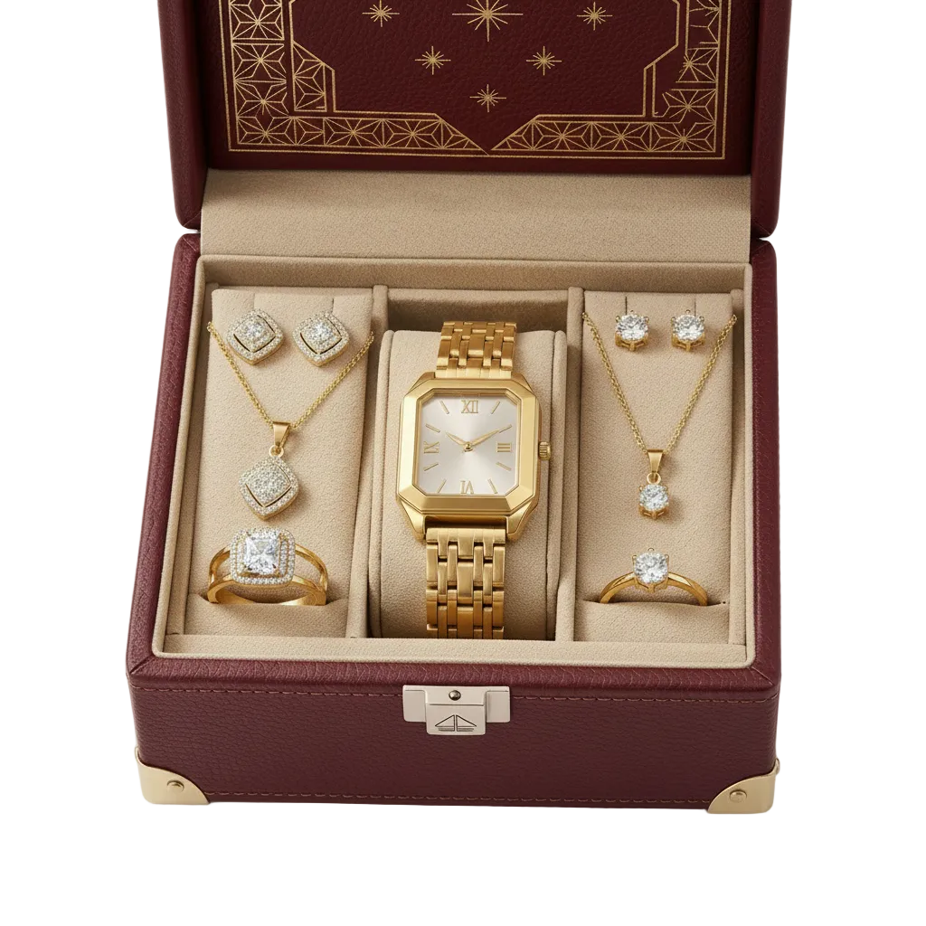 A luxury jewelry and watch gift set displayed inside an open burgundy faux-leather presentation box with gold trim and a beige velvet interior. The set includes a gold-tone rectangular watch with a gold link bracelet, diamond-studded necklaces, rings, and earrings.