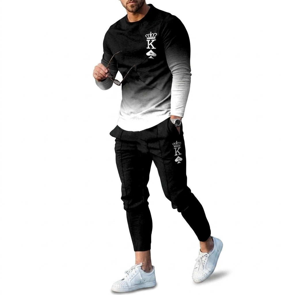 Men's Casual Print Round Neck T-Shirt and Pants Set