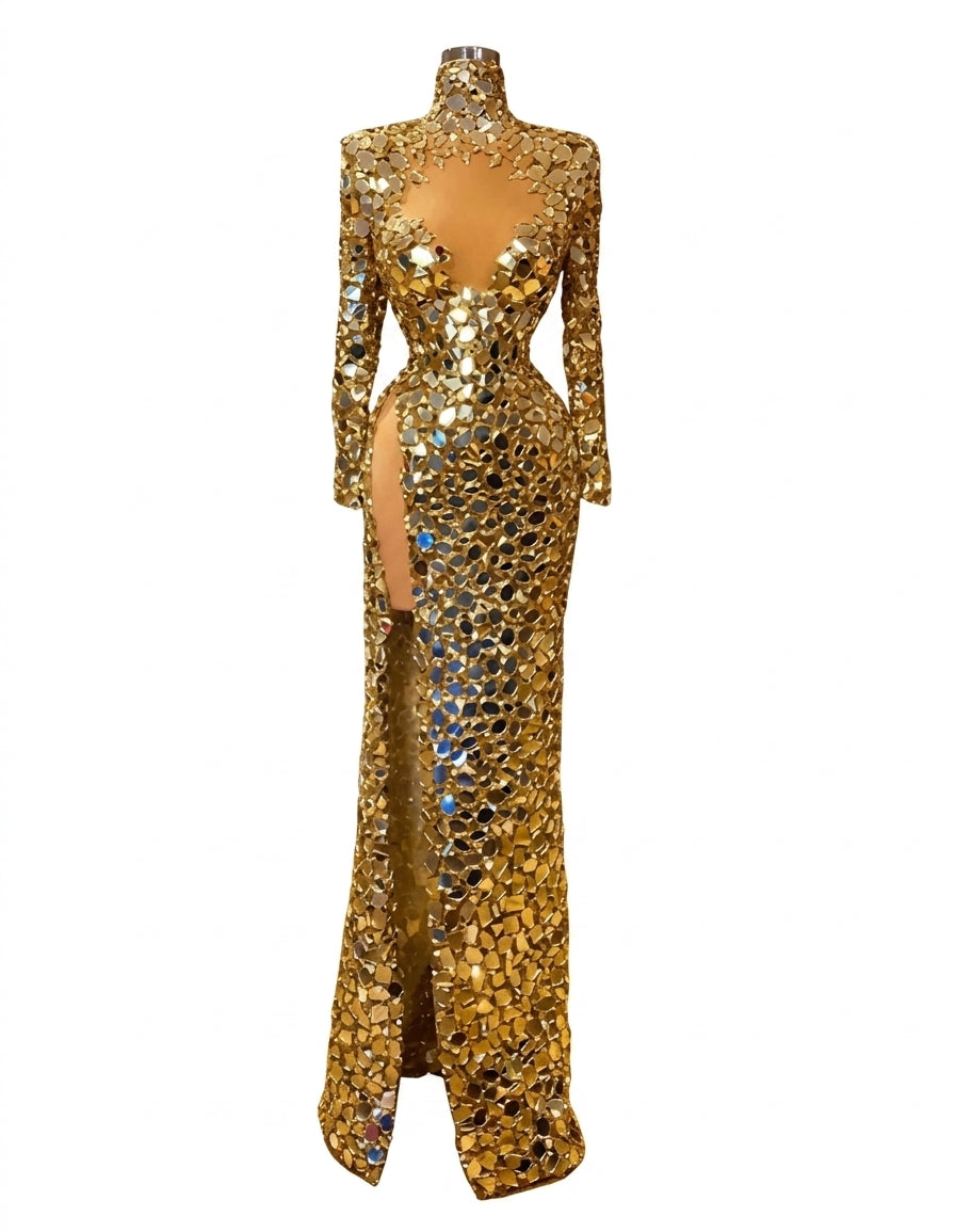 Women's Sequins High Neck Long Sleeve Split Evening Dress