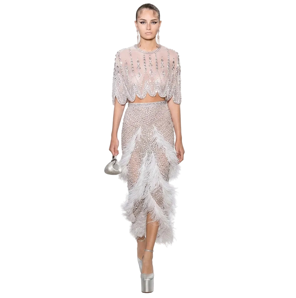 Luxury Silver Nude Beaded Evening Gown with Feather Shawl Collar