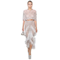 Luxury Silver Nude Beaded Evening Gown with Feather Shawl Collar