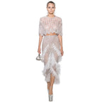 Luxury Silver Nude Beaded Evening Gown with Feather Shawl Collar
