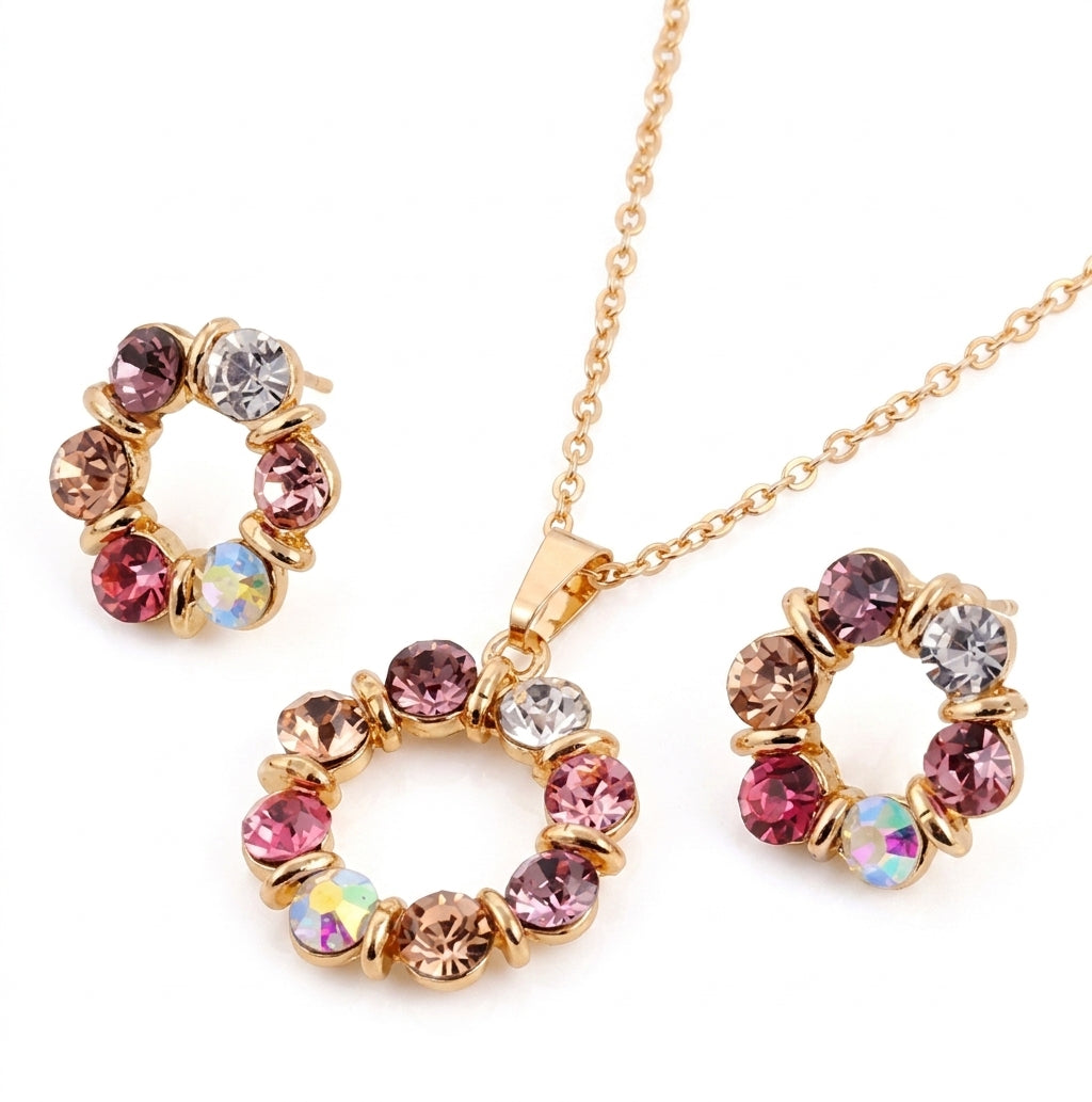Women's Fashion Elegant Stained Glass Circle Necklace and Earrings Jewelry Set