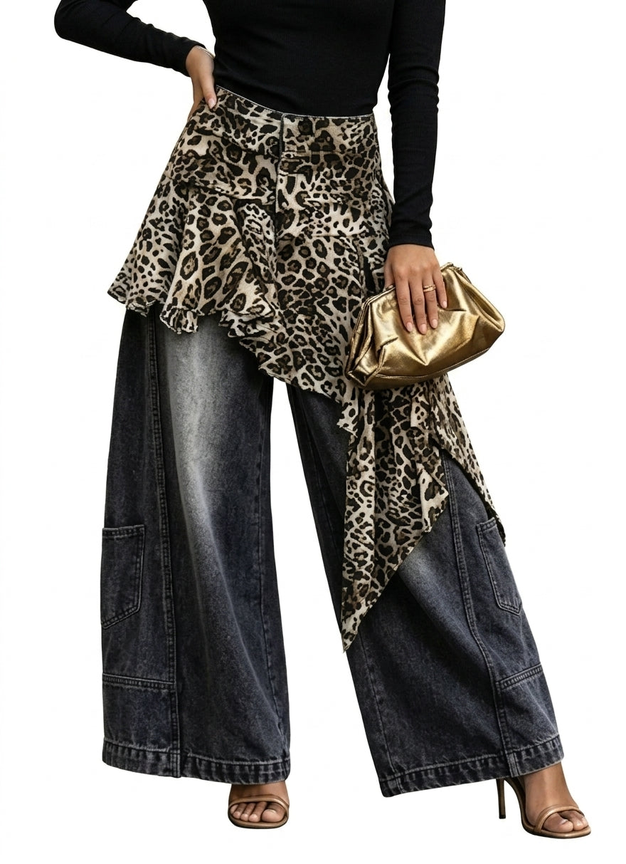 Women's Leopard Patchwork Baggy Loose Wide Leg Jeans