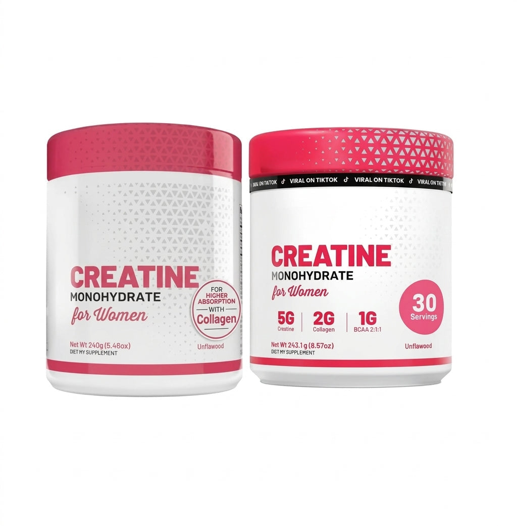 Two supplement tubs side by side labeled 'Old packaging' and 'New packaging' on a white background. Both are white plastic containers with bright pink lids and pink/red label text reading 'CREATINE MONOHYDRATE for Women.
