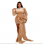 Women's Sexy Crystal Beaded High Neck Pleated Evening Dress
