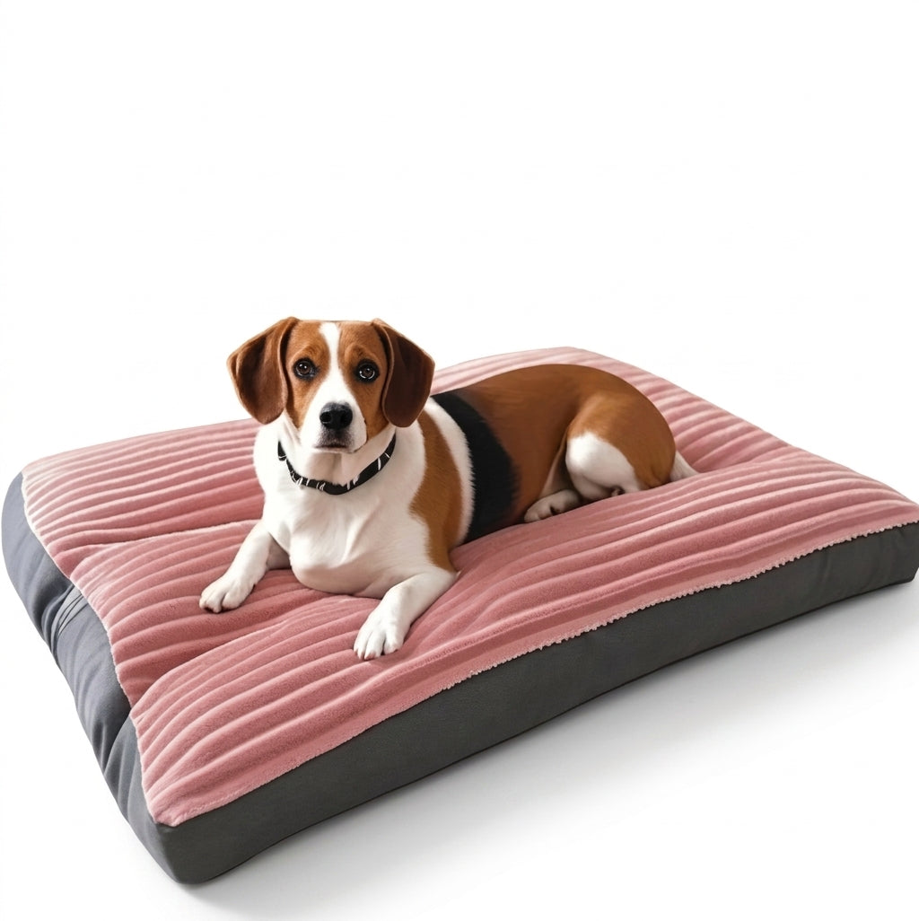 A small brown, white, and black dog lies on a rectangular pet bed with a pink ribbed top and dark gray sides, photographed on a clean white studio background.