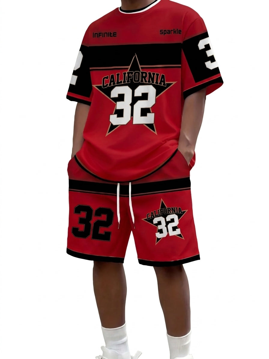 Men's Letter Stripe Print Round Neck T-Shirt and Drawstring Shorts Set