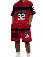 Men's Letter Stripe Print Round Neck T-Shirt and Drawstring Shorts Set