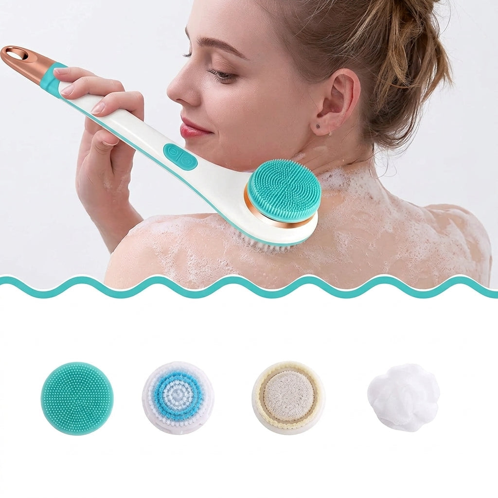 A woman with soap foam on her neck uses a handheld facial/body cleansing brush with a white handle, teal silicone bristles, and a rose-gold end. The image includes a wavy teal divider and four small inset close-ups of brush/material textures with descriptive text below.