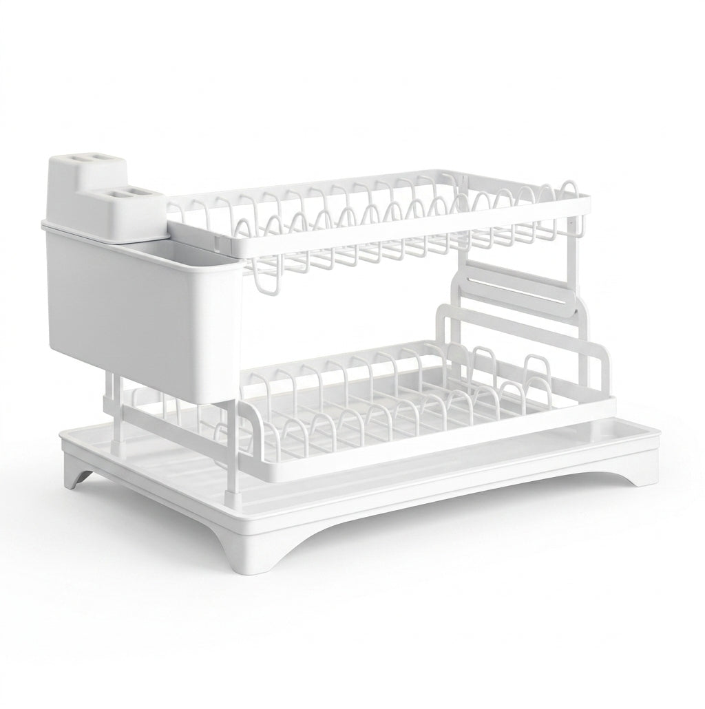 2 Tier Dish Drying Rack and Drainboard Set with Utensil Holder