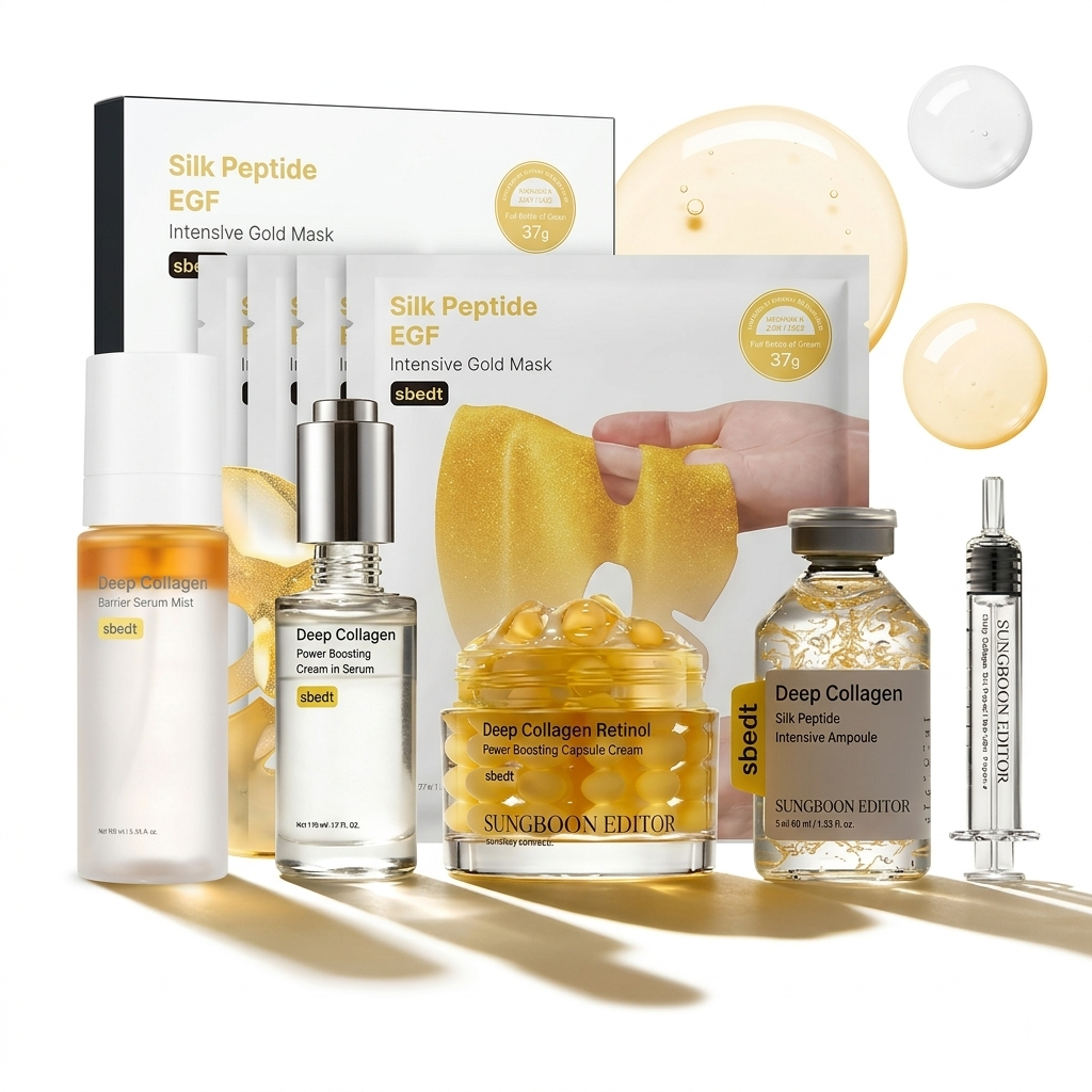 A skincare set featuring Silk Peptide EGF Intensive Gold Mask packaging, a deep collagen serum, a deep collagen retinol gel, a deep collagen silk peptide ampoule, and a syringe, arranged on a white background with golden-yellow gel droplets.