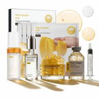A skincare set featuring Silk Peptide EGF Intensive Gold Mask packaging, a deep collagen serum, a deep collagen retinol gel, a deep collagen silk peptide ampoule, and a syringe, arranged on a white background with golden-yellow gel droplets.