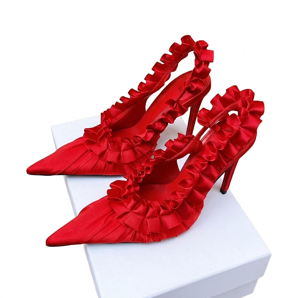 Women's Pleated Lace Pointed Toe High Heel Sandals