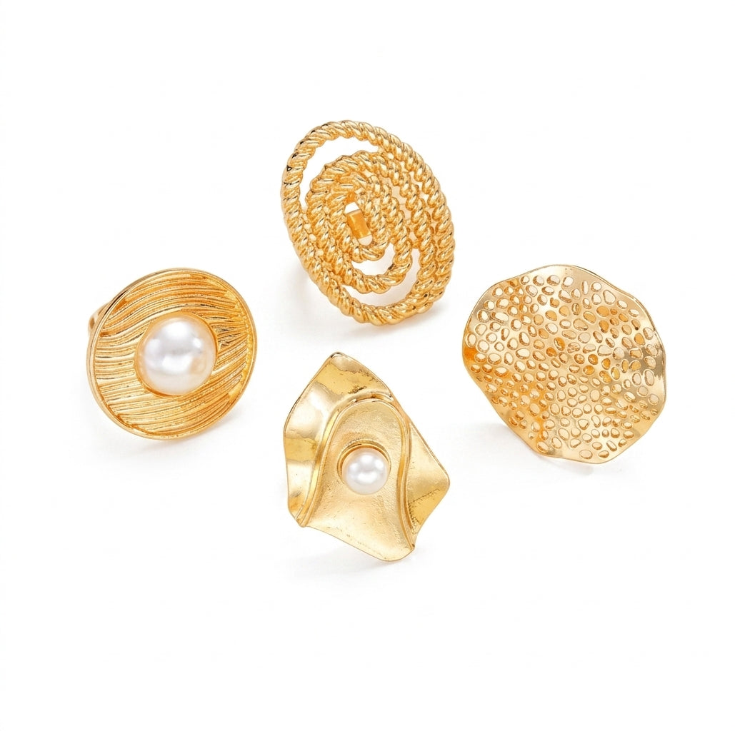 Women's Fashion Elegant Flower Pearl Hollow Geometric Ring Jewelry Set