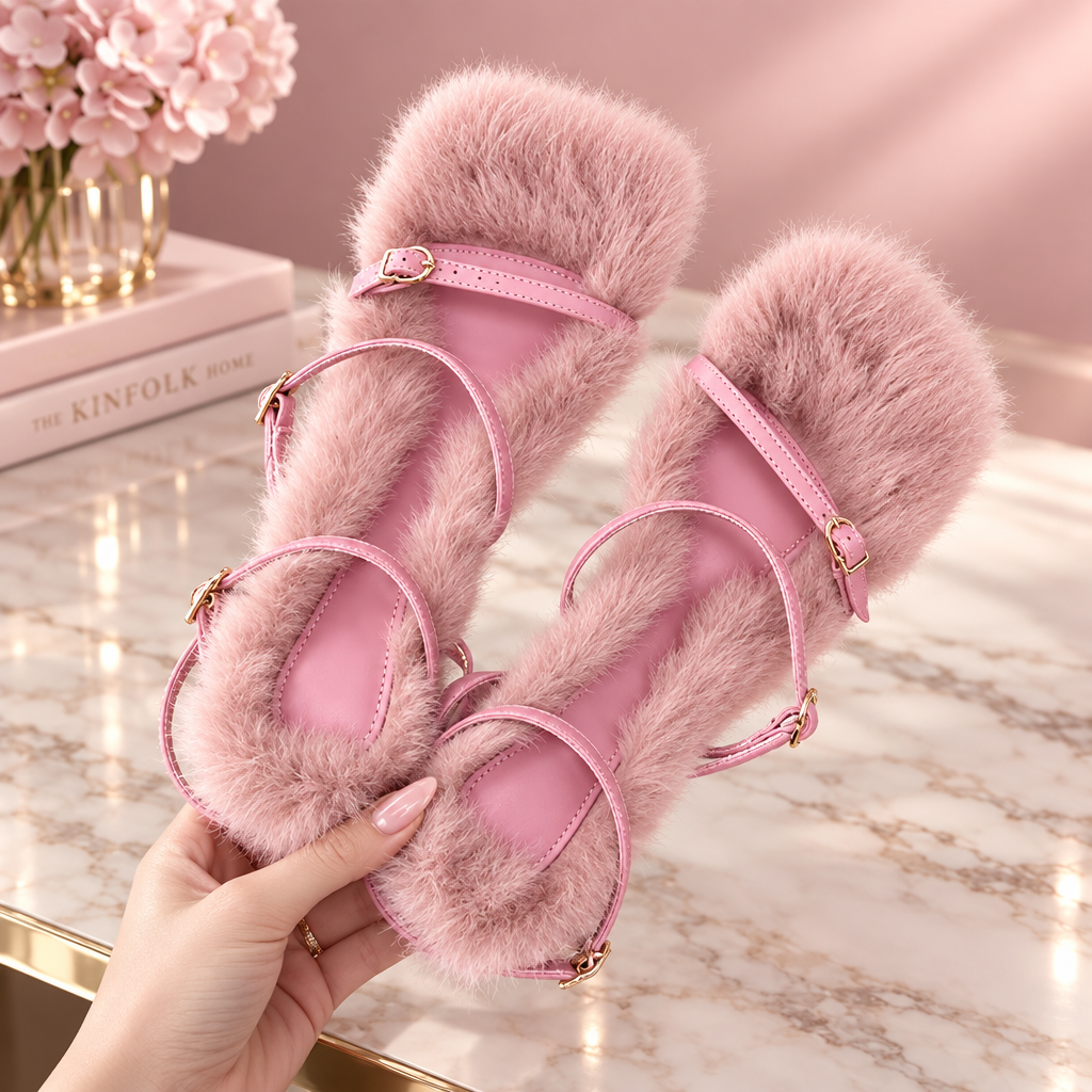 Women's Plush Fur Fuzzy Sandals Thin Heel Square Toe Ankle Lace-Up Buckle Strap Slides