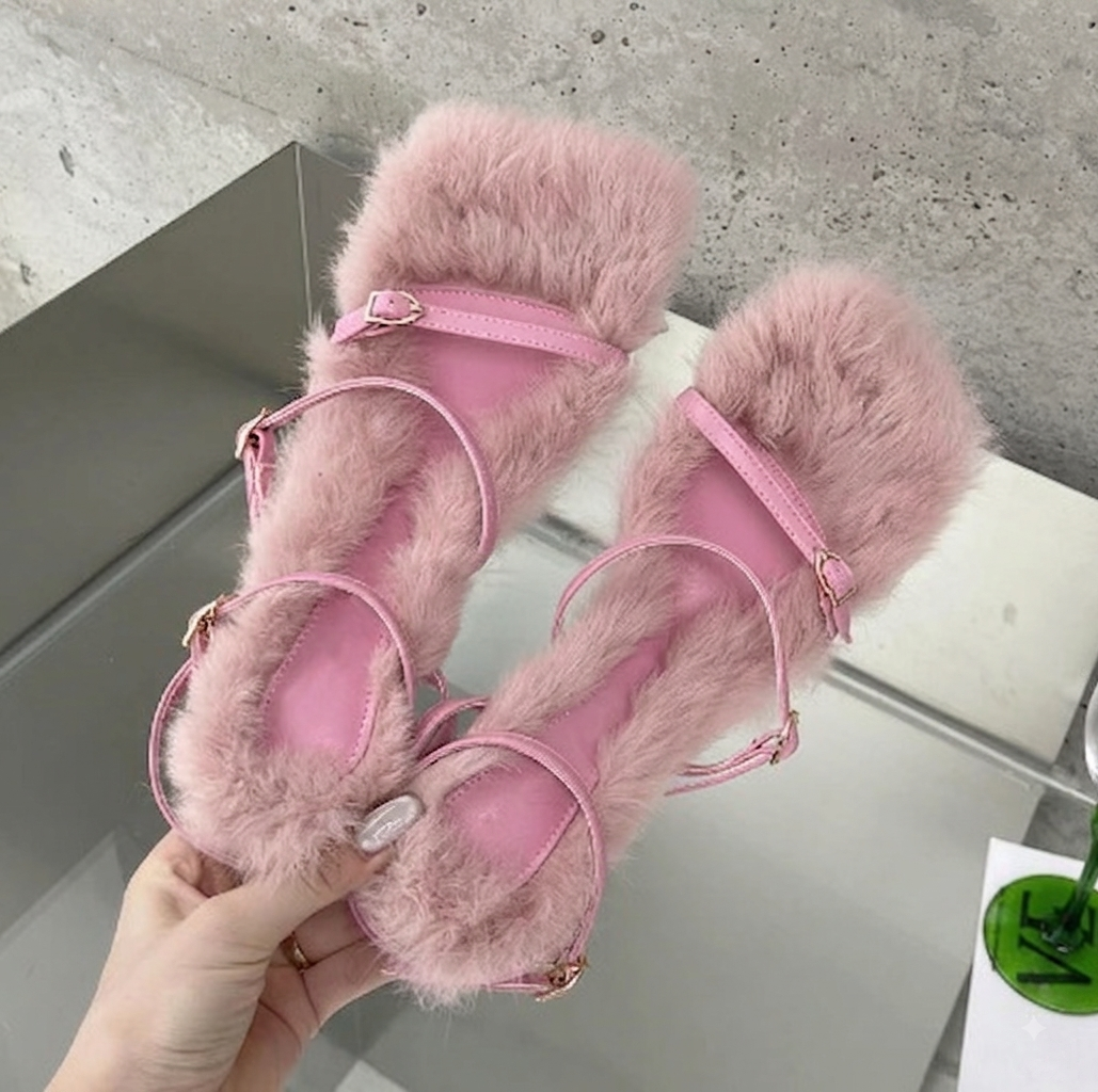 Women's Plush Fur Fuzzy Sandals Thin Heel Square Toe Ankle Lace-Up Buckle Strap Slides