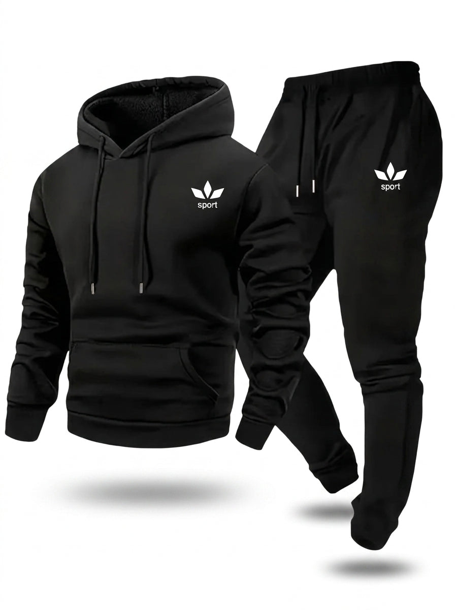 Men's Warm Fleece Lined Printed Hoodie and Jogger Pants Tracksuit Set