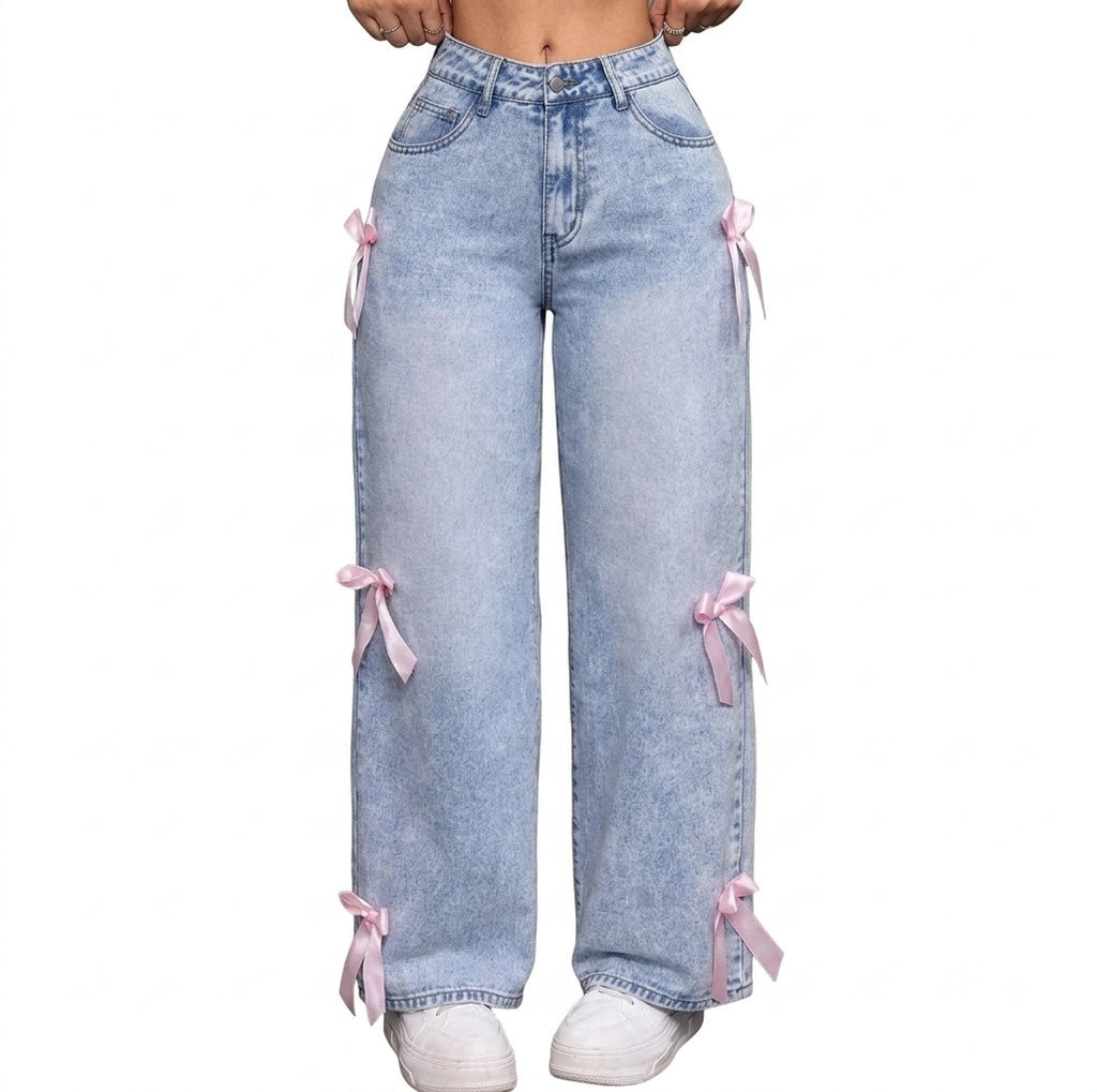 Women's Bowknot Washed Denim Loose Wide Leg Jeans