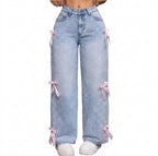 Women's Bowknot Washed Denim Loose Wide Leg Jeans