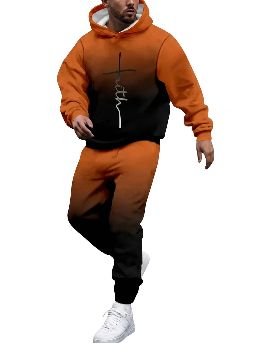 Men's Autumn Gradient 3D Print Hoodie and Sweatpants Tracksuit Set