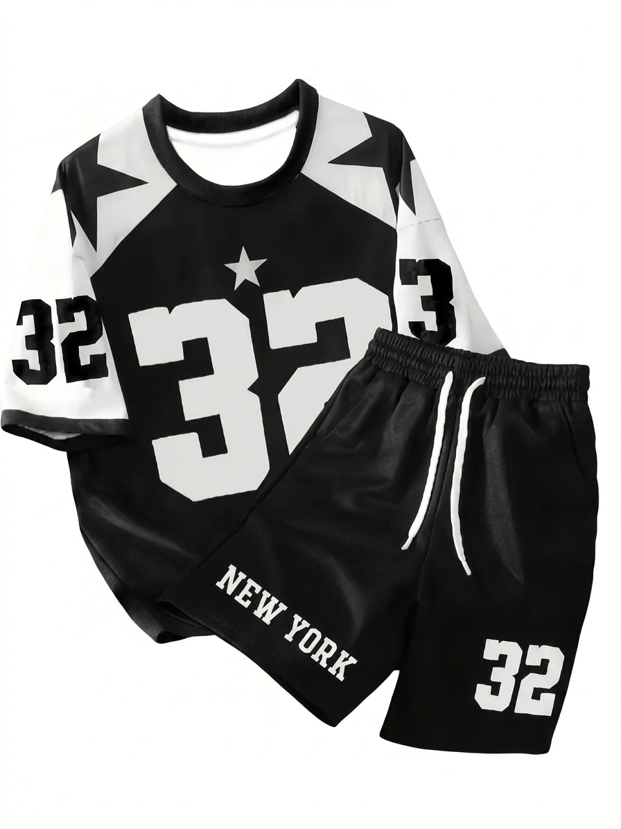 Men's Letter Print Round Neck T-Shirt and Drawstring Shorts Set