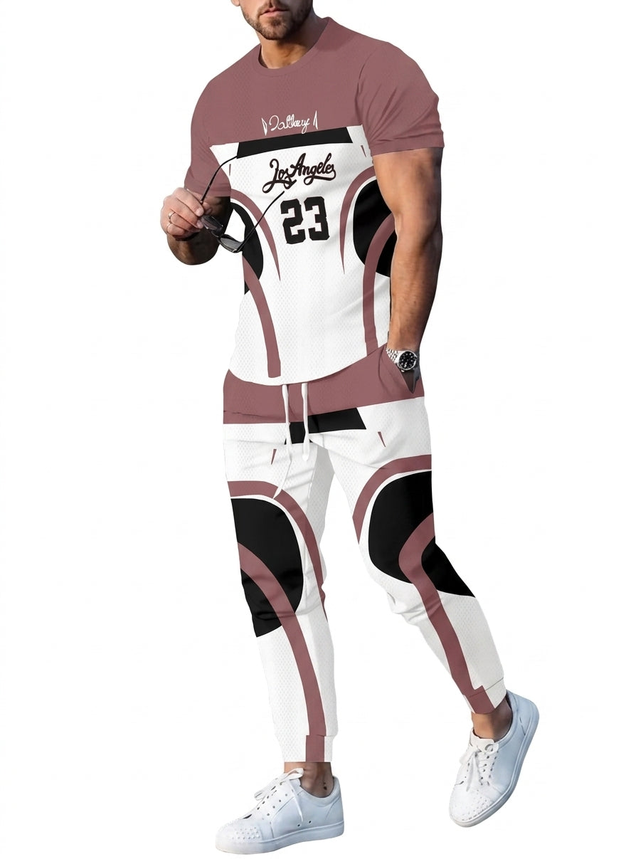 Men's Casual Digital Print T-Shirt and Pants Suit Set